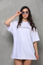 Unisex Bisiklet Yaka Baskılı Oversize T-Shirt - Beyaz - Görsel 2