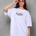 Unisex Bisiklet Yaka Baskılı Oversize T-Shirt - Beyaz