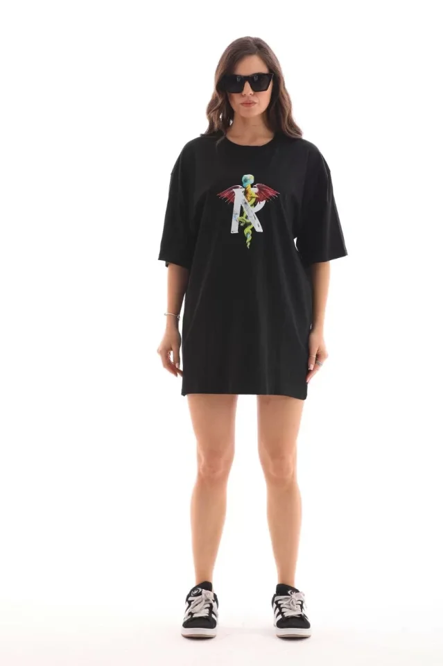 TY665b9068e2f23665b9068e2f27.webp Unisex Bisiklet Yaka Baskılı Oversize T-Shirt - Siyah - Görsel 1