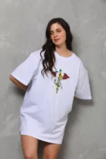 Unisex Bisiklet Yaka Baskılı Oversize T-Shirt - Beyaz - Görsel 2