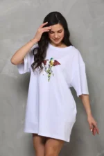 Unisex Bisiklet Yaka Baskılı Oversize T-Shirt - Beyaz - Görsel 4