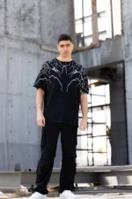 Unisex Bisiklet Yaka Baskılı Oversize T-Shirt - Siyah - Görsel 3