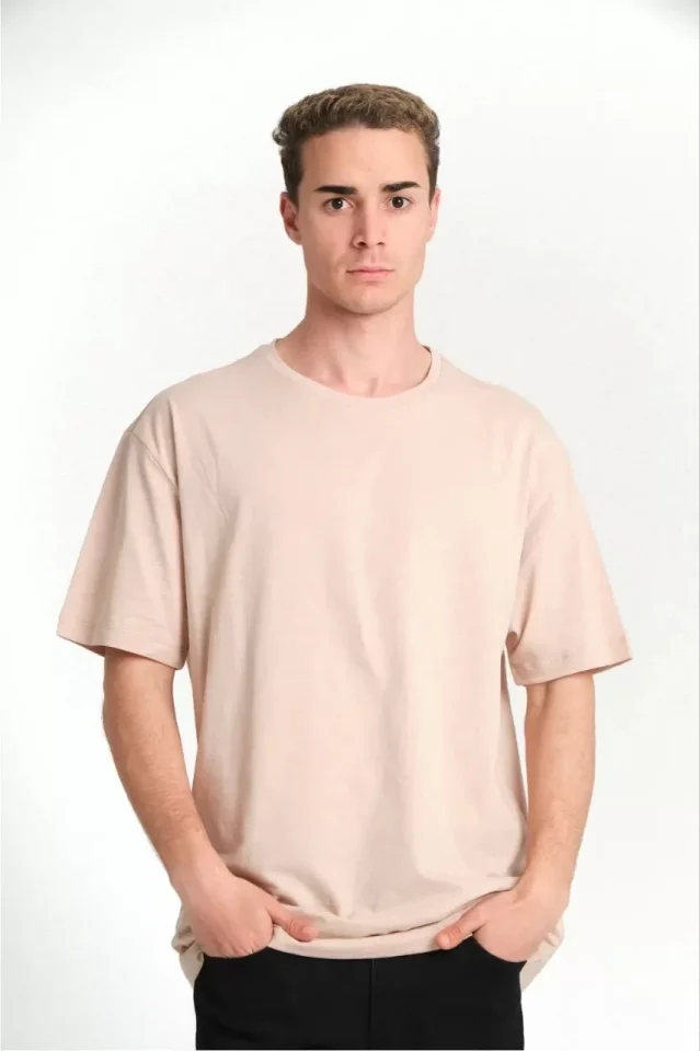 TY6690fc17b90336690fc17b9035.webp Unisex Düz Biskilet Yaka Oversize T-shirt - Bej - Görsel 1