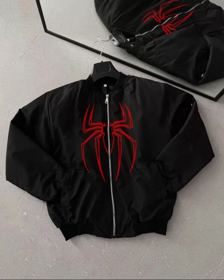 TY66bdc7d9541d266bdc7d9541d5.webp Unisex Uzun Kol Örümcek Baskılı Bomber Ceket - Siyah - Görsel 1