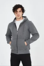 Unisex Tam Fermuarlı Kapşonlu  SweatShirt - Füme - Görsel 3