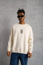 Unisex Bisiklet Yaka Baskılı Oversize Sweatshirt - Beyaz - Görsel 2