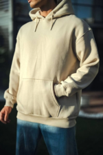 Üç İplik Penye Kapşonlu Basic SweatShirt - Bej - Görsel 3