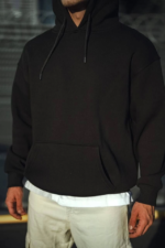 Üç İplik Penye Kapşonlu Basic SweatShirt - Siyah - Görsel 3