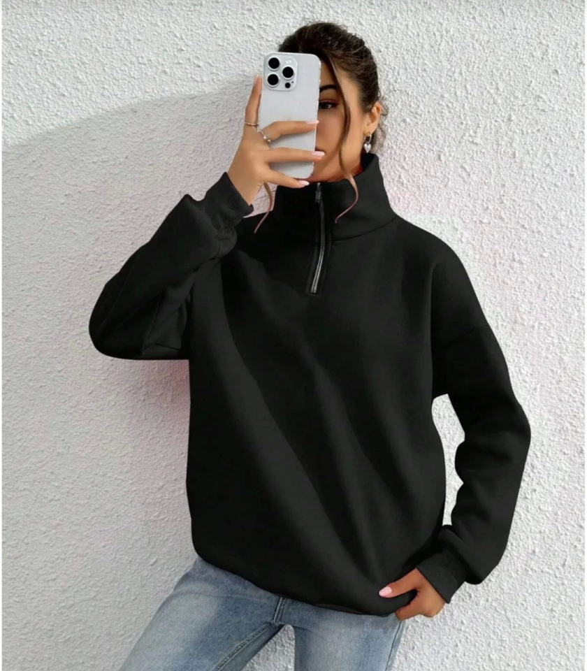 TY66fb15bd4a16566fb15bd4a168.png Unisex Uzun Kol Yarım Farmuarlı Yakalı Basic SweatShirt - Siyah - Görsel 1