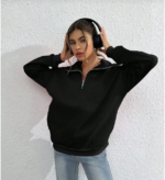 Unisex Uzun Kol Yarım Farmuarlı Yakalı Basic SweatShirt - Siyah - Görsel 2