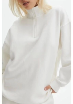 Unisex Uzun Kol Yarım Farmuarlı Yakalı Basic SweatShirt - Beyaz - Görsel 3