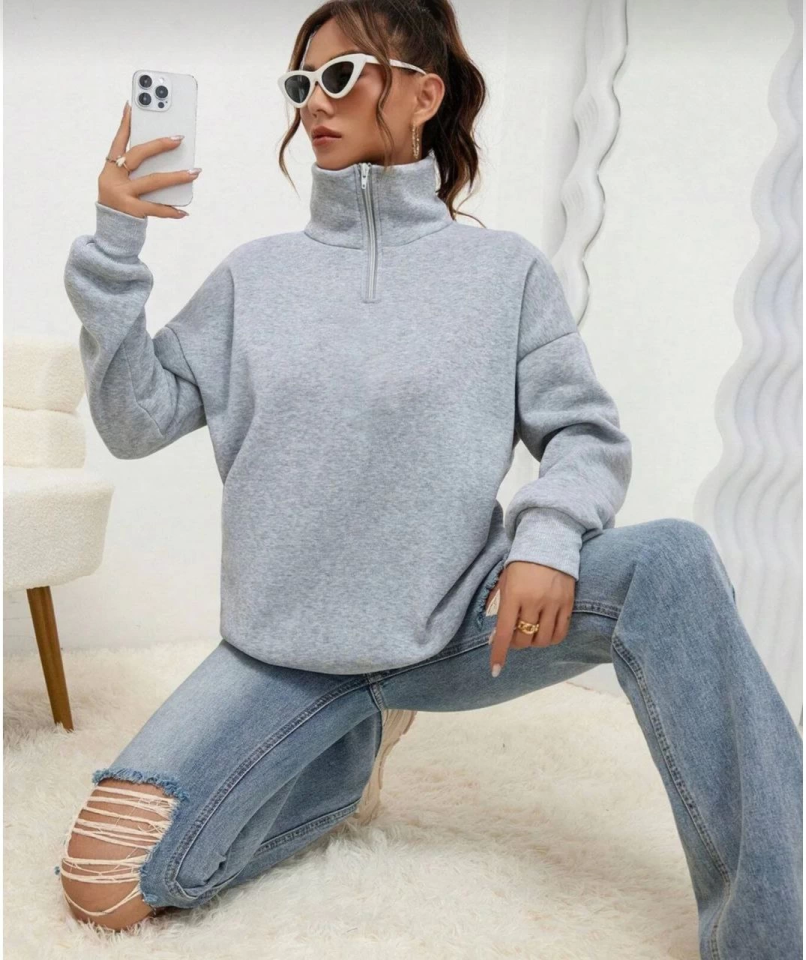 TY66fb15d4ca79f66fb15d4ca7a1.png Unisex Uzun Kol Yarım Farmuarlı Yakalı Basic SweatShirt - Gri - Görsel 1