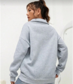 Unisex Uzun Kol Yarım Farmuarlı Yakalı Basic SweatShirt - Gri - Görsel 3