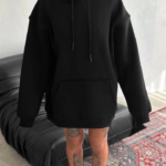 Kapşonlu Üç İplik Penye Basic SweatShirt - Siyah