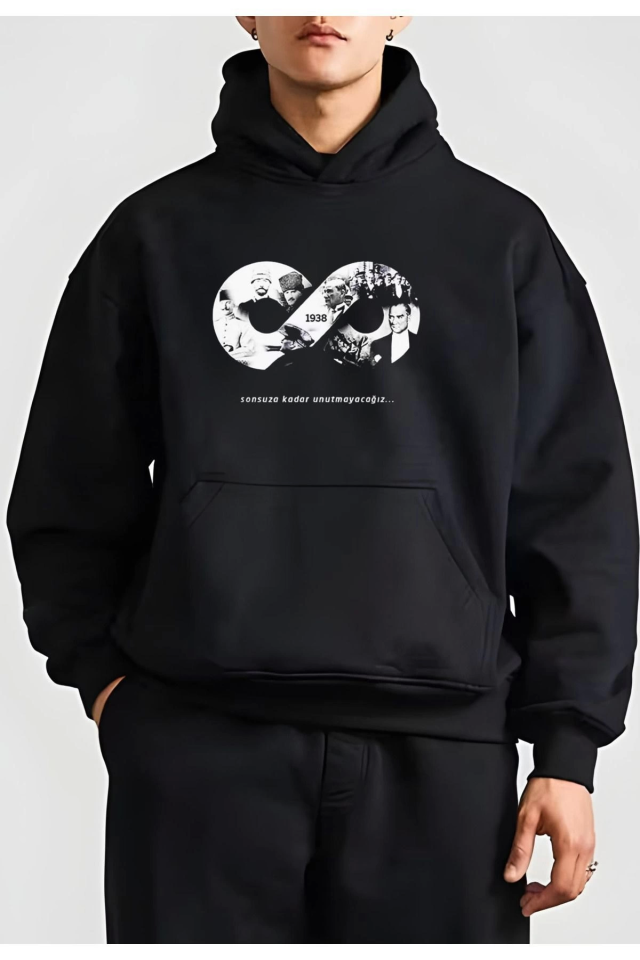 TY673274a351b1e673274a351b20.png 10 Kasıma Özel Üç İplik Kapşonlu Baskılı SweatShirt - Siyah - Görsel 1