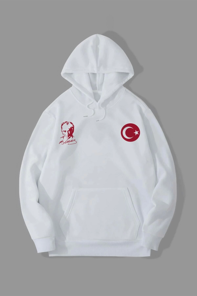 TY6735179d63dd16735179d63dd2.png 10 Kasıma Özel Üç İplik Kapşonlu Baskılı SweatShirt - Beyaz - Görsel 1
