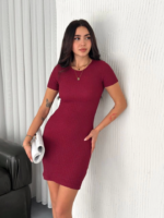 Bisiklet Yaka Kısa Kol Likralı Elbise - Bordo - Görsel 4