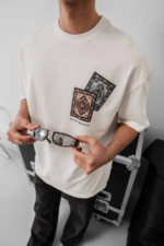 Erkek Baskılı Oversize T-shirt - Beyaz - Görsel 3