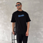 Ön Ve Arka Baskılı Oversize Bisiklet Yaka T-shirt- Siyah