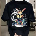 Baskılı Oversize Bisiklet Yaka T-shirt - Siyah