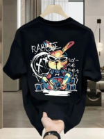 Baskılı Oversize Bisiklet Yaka T-shirt - Siyah