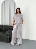 Osy Modal Yumuşak Dokulu Kumaş Bisiklet Yaka T-shirt Bol Paça Pantalon Ikili Takım - Boyalı Gri - Görsel 4