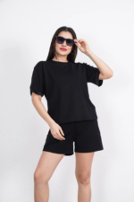 Osy Modal Yumuşak Dokulu Kumaş Bisiklet Yaka T-shirt Kısa Şort İkili Takım - Siyah - Görsel 3