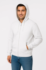 Erkek Üç İplik Kapüşonlu Tam Fermuarlı Kanguru Çepli SweatShirt Hoodie - Beyaz - Görsel 3