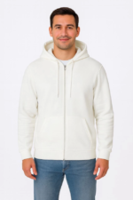 Erkek Üç İplik Kapüşonlu Tam Fermuarlı Kanguru Çepli SweatShirt Hoodie - Beyaz - Görsel 4