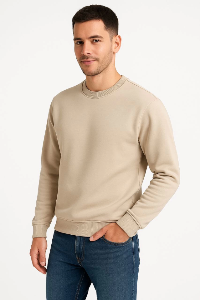 TY68b6b6679459b68b6b6679459f.png Erkek Üç İplik Düz Bisiklet Yaka SweatShirt - Bej - Görsel 1