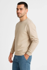 Erkek Üç İplik Düz Bisiklet Yaka SweatShirt - Bej - Görsel 2