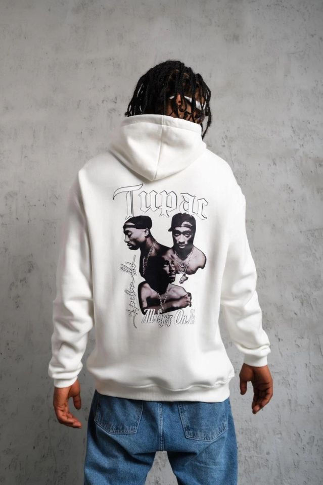 TY68f555b46ca5b68f555b46ca5d.png Erkek Oversize Üç İplik Kapüşonlu Sweat – Kol Ve Etek Ribana Detaylı, Ön Ve Sırt Baskılı, Kanguru Cepli Rahat Kalıp Model - Beyaz - Görsel 1