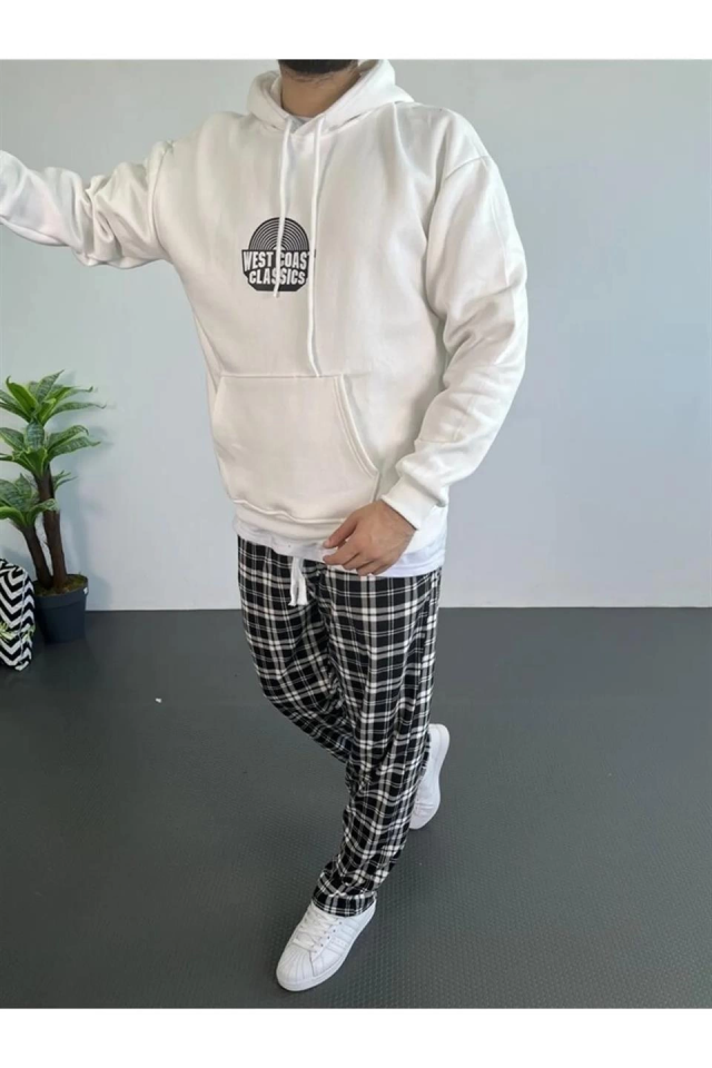 TY68f555beaa7ad68f555beaa7af.png Erkek Oversize Üç İplik Kapüşonlu Sweatshirt – Beyaz Ön Baskılı, Kanguru Cepli, Rahat Kalıp, İçi Pamuklu Model - Görsel 1