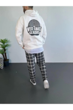 Erkek Oversize Üç İplik Kapüşonlu Sweatshirt – Beyaz Ön Baskılı, Kanguru Cepli, Rahat Kalıp, İçi Pamuklu Model - Görsel 2