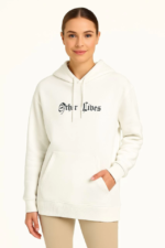 Kapşonlu Sweatshirt – Oversize Üç İplik Şardonlu Hoodie, “Other Lives” Ön - Arka Baskılı, Kanguru Cepli, Kışlık Rahat Günlük Stil - Beyaz - Görsel 4