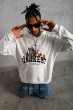 Erkek Oversize Kapüşonlu Sweatshirt – Beyaz Renk Üç İplik İçi Pamuklu Kanguru Cepli Baskılı Hoodie Rahat Kalıp Kışlık Günlük Kombinlere Uygun - Beyaz