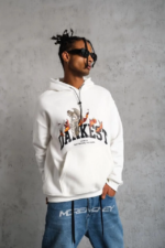 Erkek Oversize Kapüşonlu Sweatshirt – Beyaz Renk Üç İplik İçi Pamuklu Kanguru Cepli Baskılı Hoodie Rahat Kalıp Kışlık Günlük Kombinlere Uygun - Beyaz - Görsel 3