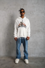 Erkek Oversize Kapüşonlu Sweatshirt – Beyaz Renk Üç İplik İçi Pamuklu Kanguru Cepli Baskılı Hoodie Rahat Kalıp Kışlık Günlük Kombinlere Uygun - Beyaz - Görsel 4