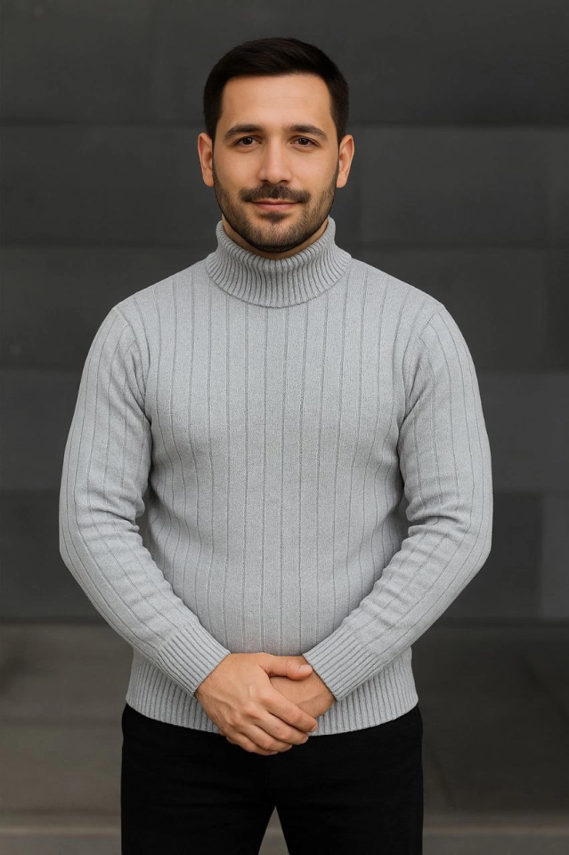 TY690bbf4f0d013690bbf4f0d015.png Erkek Balıkcı Yaka Bağazlı Triko Kazak Pamuklu Kalın Fitilli Dokuma, Regular Fit Uzun Kollu Kışlık Model - Gri - Görsel 1