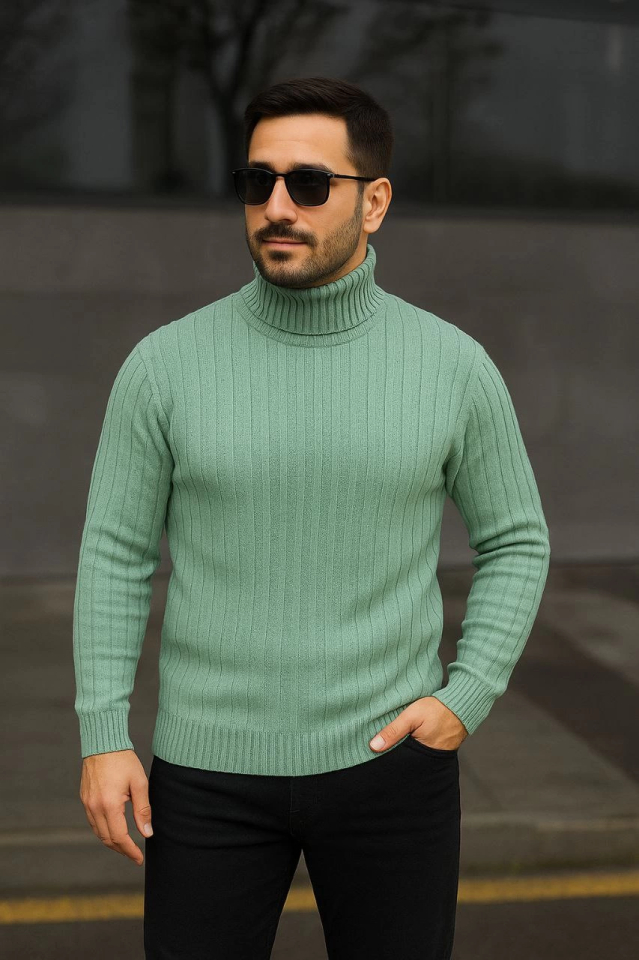 TY690bbf5657065690bbf5657067.png Erkek Balıkcı Yaka Bağazlı Triko Kazak Pamuklu Kalın Fitilli Dokuma, Regular Fit Uzun Kollu Kışlık Model - Mint Yeşili - Görsel 1