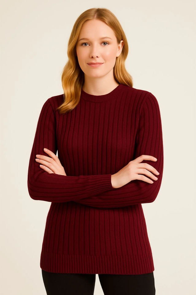 TY690d10dab3daa690d10dab3dab.png Bisiklet Yuvarlak Yaka Triko Kazak Pamuklu Kalın Fitilli Dokuma, Regular Fit Uzun Kollu Kışlık Model - Bordo - Görsel 1