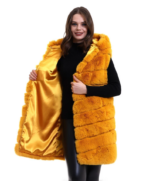 Kapşonlu Peluş Kürk Yelek Premium Kalite, Tam Astarlı, Uzun Model - Sarı - Görsel 3
