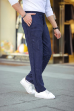 Erkek Cizgili Dokuma Krep Jogger Buggy Pantalon Rahat Kalıp - Lacivert - Görsel 3