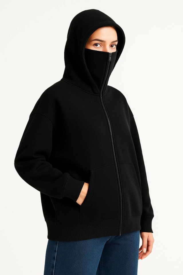 TY691256998a34e691256998a34f.png Samuray Ninja Çift Kapşonlu ZIP Fermuarlı Kanguru Çepli Hoodie Maske Detaylı Swetshirt - Siyah - Görsel 1