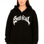 Oversize Kapüşonlu Sweatshirt Hoodie 3 İplik Şardonlu Pamuklu Kumaş, Önü Baskılı, Fermuarlı Rahat Kalıp, Kışlık Ve Sokak Stili Sweat - Siyah