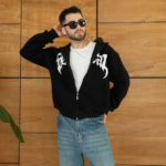 Erkek Kapüşonlu Sweatshirt Hoodie 3 İplik Şardonlu Pamuklu Kumaş, Önü Baskılı, Fermuarlı Rahat Kalıp, Kışlık Ve Sokak Stili Sweat - Siyah