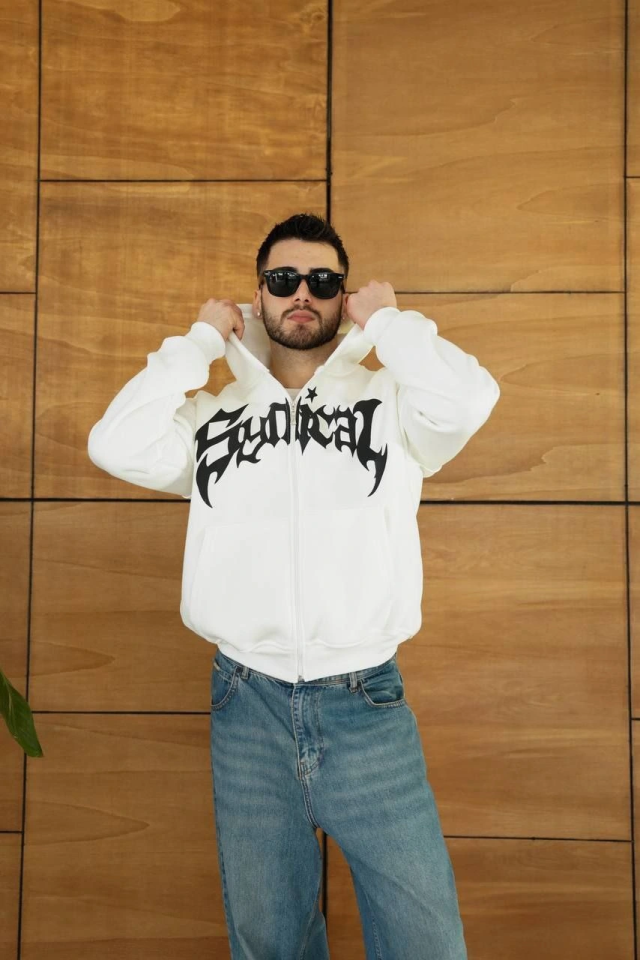 TY6913a82ac8f826913a82ac8f85.png Erkek Kapüşonlu Sweatshirt Hoodie 3 İplik Şardonlu Pamuklu Kumaş, Önü Baskılı, Fermuarlı Rahat Kalıp, Kışlık Ve Sokak Stili Sweat - Beyaz - Görsel 1