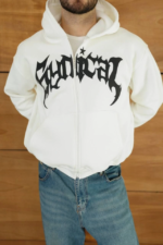 Erkek Kapüşonlu Sweatshirt Hoodie 3 İplik Şardonlu Pamuklu Kumaş, Önü Baskılı, Fermuarlı Rahat Kalıp, Kışlık Ve Sokak Stili Sweat - Beyaz - Görsel 3