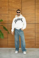 Erkek Kapüşonlu Sweatshirt Hoodie 3 İplik Şardonlu Pamuklu Kumaş, Önü Baskılı, Fermuarlı Rahat Kalıp, Kışlık Ve Sokak Stili Sweat - Beyaz - Görsel 4