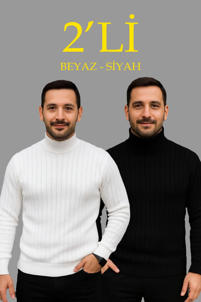 TY691ce2b0ca685691ce2b0ca688.png Erkek Fitilli Triko Kazak 2li Set Beyaz Siyah Regular Balıkcı Yaka Tam Boğazlı Triko Seti Modeli Kazak - Görsel 1